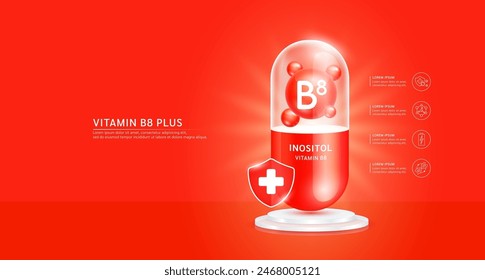 Vitamin B8 plus or Inositol in red capsule with cross shield on podium. Antibiotic collagen and minerals essential health care. For ads dietary supplements and beauty medical pharmacy. Vector.