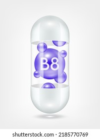 Vitamin B8 purple inside capsule pill transparent white. Health care beauty enhancement neutralize free radicals. Used for nutrition products food template design. 3D Realistic Vector EPS10.