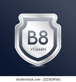 Protector de vitamina B8 negro. Proteger el cuerpo para que permanezca sano. Para alimentos de productos nutritivos. Etiqueta de aluminio metálico 3d aislada realista sobre fondo sólido. Conceptos científicos médicos. Ilustración vectorial.