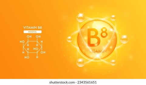 Vitamin B8 with structure chemical formula. Bubble collagen serum orange and Vitamins complex for cosmetics design. Medical concepts. Beauty treatment nutrition skincare. 3D Vector.