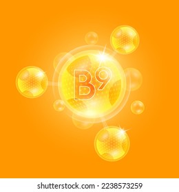 Vitamin B9 and atom molecule collagen serum chemical formula orange with oxygen bubble. Shield protection skin care anti age. Nutritional supplement multivitamin complex. 3D vector.