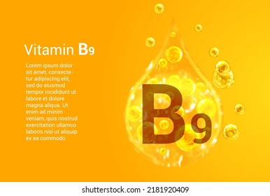 Vitamin B9. Baner with vector images of golden drops with oxygen bubbles. Health concept. 
