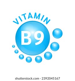 Vitamin B9 blue substance Sign Icon. Realistic design, small circle around. Isolated on white background. Personal care, beauty concept. Medicine health symbol of thiamine. Vector Illustration EPS10.