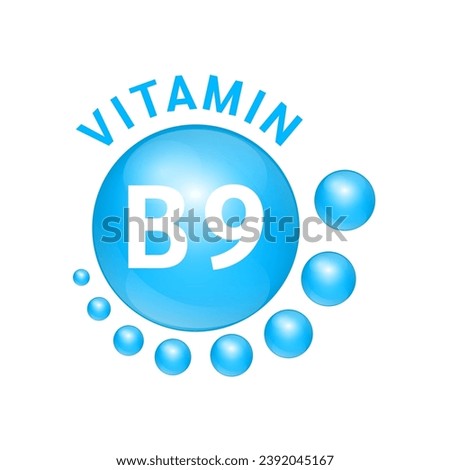 Vitamin B9 blue substance Sign Icon. Realistic design, small circle around. Isolated on white background. Personal care, beauty concept. Medicine health symbol of thiamine. Vector Illustration EPS10.
