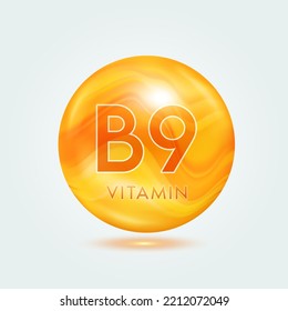 Vitamin B9 capsule orange golden. Beauty nutrition skincare. Vitamins complex isolated on gray background. For product design. Medical and scientific concepts. Icon 3D Vector EPS10.