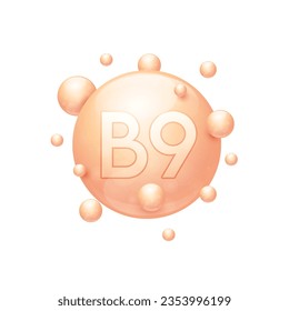 Vitamin B9 capsules orange nutrients minerals that are essential the body. Vitamins complex for skin care cosmetics dietary supplement design. Medical concepts. Icon 3D on white background. Vector.