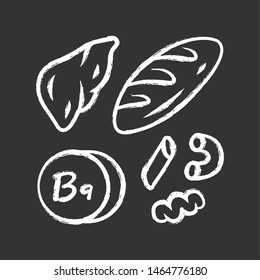 Vitamin B9 chalk icon. Bread, liver and pasta. Meat and flour products. Healthy eating. Folic acid natural food source. Proper nutrition. Minerals, antioxidant. Isolated vector chalkboard illustration