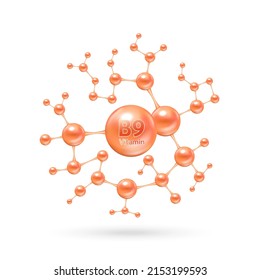 Complejo de vitamina B9 y minerales en forma molecular. Suplemento dietético para publicidad en farmacia. Concepto médico de ciencia. Vitamina anaranjada aislada en el fondo blanco. EPS10 vectores.
