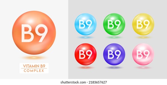 Vitamin B9 complex. Set of colorful balls multivitamins capsules minerals isolated on grey background. Dietary supplement for pharmacy advertisement, package design. Vector EPS10.