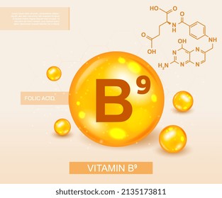 Vitamin B9 concept. Components of organic and natural products, special medical supplements for substance regulation. Drop of liquid, useful trace elements. Cartoon isometric vector illustration