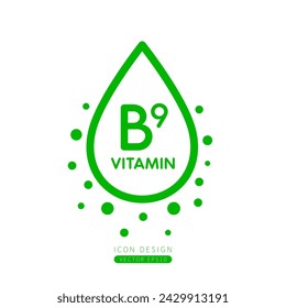 Vitamin B9 dropper icon green with surrounding bubble collagen isolated on white background. Form simple line for designing medical beauty products. Symbol for use on advertising media. Vector.