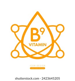 Vitamin B9 dropper icon red with surrounding molecules form simple line. Isolated on a white background. Medical symbol concept. Design for use on web app mobile and print media. Vector.