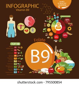 Vitamin B9 (folate). Food Sources. Natural Organic Products With The Maximum Vitamin Content.