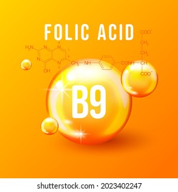 Vitamin B9 folic acid chemical formula vector illustration. Nutrition sign vector concept. The power of vitamin B9. Chemical formula. Liquid color abstract geometric shape design element