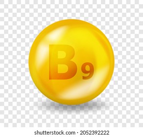 Vitamin B9 Folic acid. Vitamin complex illustration concept. B9 Folic acid pill capsule. 3D Yellow drug nutrition design.