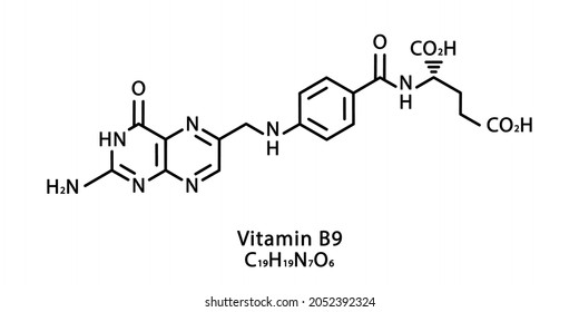 Vitamin B9 Folic acid molecular structure. Vitamin B9 Folic acid skeletal chemical formula. Chemical molecular formulas