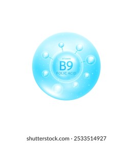 Vitamin B9 folic acid molecule blue. Collagen vitamins complex from nature. For beauty skin care cosmetic advertising. Medical scientific concepts. 3D Vector EPS10.