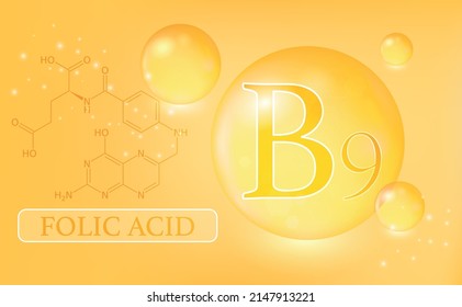 Vitamin B9, folic acid, water drops, capsule on an orange background. Vitamin complex with chemical formula. Information medical poster. Vector illustration