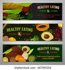 Vitamin B9 in food. Beautiful vector illustration with different vegetabes, fruits, lentils, beans and greens with a copyspace. Landscape banners or posters set in bright colours.