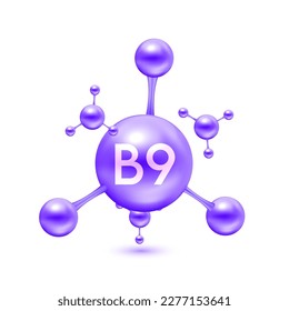 Vitamin B9 in the form of atoms molecules purple glossy. Icon 3D isolated on white background. Minerals vitamins complex. Medical and science concept. Vector EPS10 illustration.