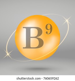 Vitamin B9 gold icon. drop pill capsule. Vitamin complex design