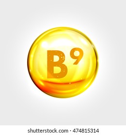 Vitamin B9 gold icon. Folic acid vitamin drop pill capsule. Shining golden essence droplet. Beauty treatment nutrition skin care design. Vector illustration.