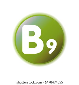 Vitamin B9 green capsule flat icon. Folic acid pill. Health care button. Dietary supplement. Beauty treatment, skin care. Template for web page, app, promo. UI/UX/GUI design element.
