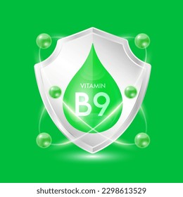 Vitamin B9 green drop inside aluminum shield with atom surround. Minerals and vitamins complex protect the body stay healthy. For nutrition products food. Vector EPS10 illustration.