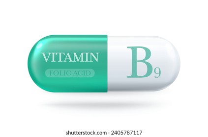 Icono de vitamina B9. Complejo vitamínico B de ácido fólico. Cápsula de la píldora gota. Ilustración del vector 3d