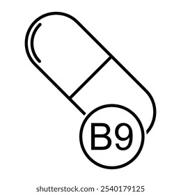 Ícone de vitamina B9, símbolo de suplemento de pílula de medicina saudável, ilustração de vetor mineral complexo.