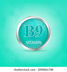 Estructura del icono de vitamina B9 sustancia verde clara. Cuidados personales, concepto de belleza. Símbolo médico de la tiamina. Concepto de negocio de drogas. Ilustración vectorial. Complejo de vitamina 3D con fórmula química