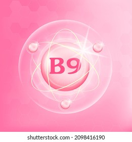 Estructura del icono de vitamina B9 sustancia rosa ligera. Símbolo médico de la tiamina. Concepto de negocio de drogas. Ilustración vectorial. Complejo de vitamina 3D con fórmula química. Cuidados personales, concepto de belleza