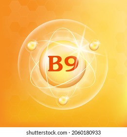 Vitamin B9 icon structure yellow substance. Medicine health symbol of thiamine. Drug business concept. Vector Illustration. 3D Vitamin complex with chemical formula. Personal care, beauty concept. 