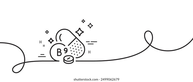 Vitamin B9-Liniensymbol. Endlos eine Linie mit Locke. Nährstoffzeichen für Folatnahrung. Kapsel oder Pille Ergänzung Symbol. Folat Vitamin Einzel-Umrissband. Schleifenverlaufsmuster. Vektorgrafik