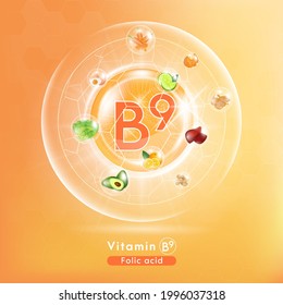 Vitamina B9. Cápsula de medicamento, sustancia naranja. Frutas y verduras que neutralizan a los radicales libres. Con fórmula química. El concepto de mejora de la belleza y la atención de la salud en caso de envejecimiento. EPS vectorial 3D10.