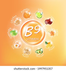 Vitamin B9. Medicine capsule, Orange substance. Fruits and vegetables that neutralize free radicals. With chemical formula. Anti aging beauty enhancement concept and health care. 3D vector EPS10.