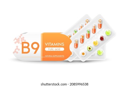 Vitamin B9. Medicine capsule, Orange substance. Fruits and vegetables that neutralize free radicals. With chemical formula. Anti aging beauty enhancement concept and health care. 3D vector EPS10.