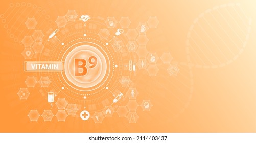 Vitamin B9 and Mineral supplements complex pharmaceutical capsule. Vitamins food sources and functions. Health care and science icon pattern medical innovation. On a orange background. Vector EPS 10.