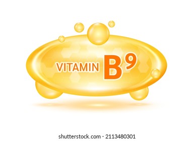 Vitamin B9 and minerals complex. Glossy vitamins pills capsules. Pill, Healthy food supplement. Medical scientific and healthcare concept. Isolated on white background 3D Vector EPS10.
