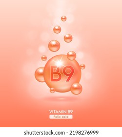Vitamin B9 orange ball fall to ground serum vitamins complex. Beauty treatment nutrition skin care design. Medical and scientific concepts. 3D Realistic Vector EPS10.