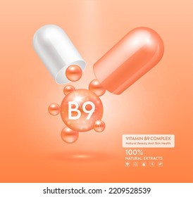 Vitamin B9 orange capsule. Treatment with vitamins complex collagen skincare beauty. Health supplement anti aging. Cosmetic beauty product design. 3D Realistic on pink background. Vector EPS10.