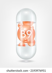 Vitamin B9 orange inside capsule pill transparent white. Health care beauty enhancement neutralize free radicals. Used for nutrition products food template design. 3D Realistic Vector EPS10.