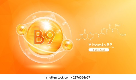 Vitamin B9 orange and structure. Pill vitamins complex and bubble collagen serum chemical formula. Beauty treatment nutrition skin care design. Medical and scientific concepts. 3D Vector EPS10.