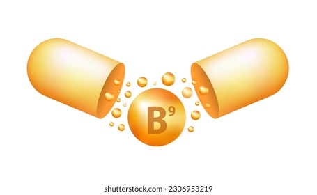 Vitamin b9 pill icon. Pyridoxine nutrition care. Gold drop essence. Isolated golden vector symbol of b9 vitamin medicine. Meds for heath ads. Beauty and health concept. Capsule. Vector illustration