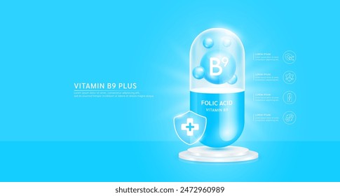 Vitamin B9 plus or Folic Acid blue capsule with cross shield on podium. Antibiotic collagen and minerals essential health care. Ads dietary supplements and beauty. Medical pharmacy concept. Vector.