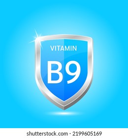 Escudo de vitamina B9 con átomo azul, una flecha hacia arriba. Proteger el cuerpo para mantenerse sano, protegerse de los productos químicos que entran en el cuerpo. Para alimentos de productos nutritivos. Conceptos científicos médicos. Ilustración vectorial 3D.