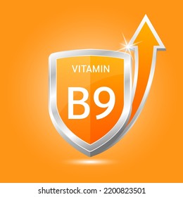 Escudo de vitamina B9 con átomo azul, una flecha hacia arriba. Proteger el cuerpo para mantenerse sano, protegerse de los productos químicos que entran en el cuerpo. Para alimentos de productos nutritivos. Conceptos científicos médicos. Ilustración vectorial 3D.