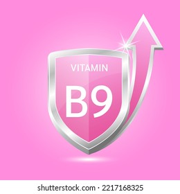 Vitamin B9 shield with pink atom, an up arrow. Vector illustration 3D. Protect body stay healthy, protection from chemicals entering body. For nutrition products food. Medical scientific concepts. 