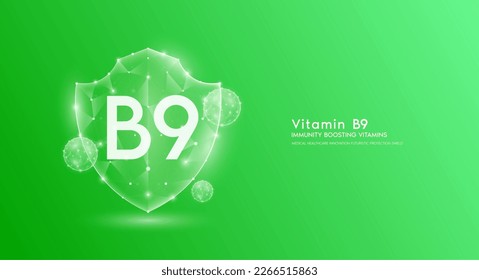 Protector de vitamina B9 verde translúcido poligonal. Vitaminas de refuerzo inmunológico. La innovación médica protege su cuerpo sano. Escuche la protección futurista moderna del triángulo de popa bajo. Vector de pancarta.