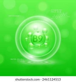 Vitamin B9 solution green and chemical structure of Folic Acid. Water soluble vitamins. Collagen serum hyaluronic acid with antioxidants for brighter skin. Cosmetic beauty nutrition. Vector.